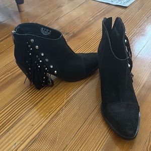 FERGIE | Black Suede Booties with Silver Fringe Accents Size 6